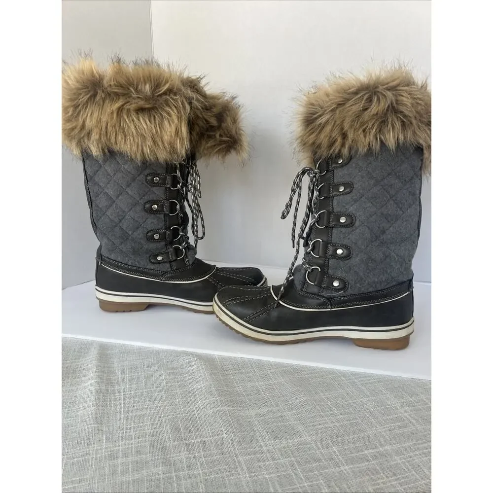 Global Win Women 9.5 Grey Lace-Up Quilted Faux Lambswool Lined Boot W1707-2